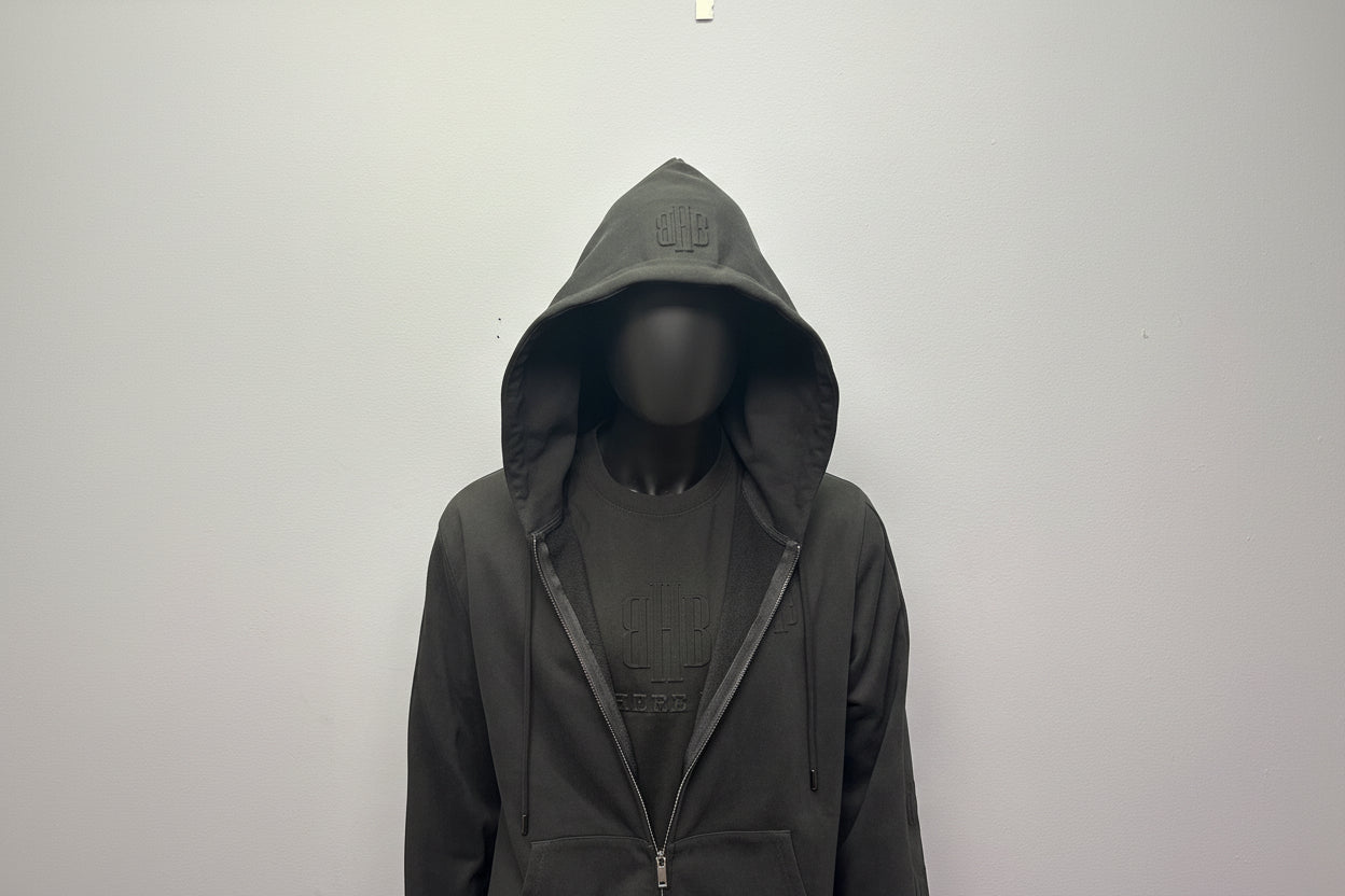 BHB heavyweight black hoodie raised logo front detail 