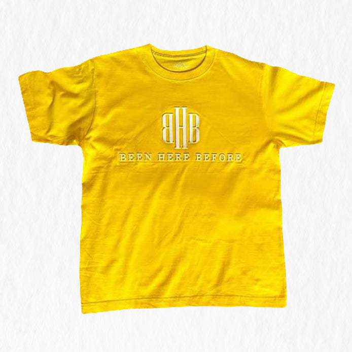 BHB Essential Tee - Classic Fit, Short Sleeve, Soft Cotton Blend - Yellow Shirt With Multi Color Surface Logo